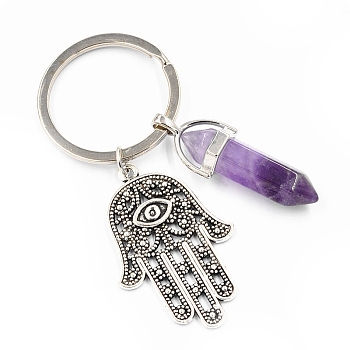 Natural Amethyst Pendant Keychains, with Alloy Pendants and Iron Rings, Bullet Shape with Hamsa Hand, 7.2cm