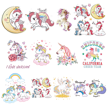 13Pcs 13 Style Horse Iron on Patches Heat Transfer Stickers, Cartoon Applique Patches for DIY Kids Garment Accessories, Horse Pattern, 1pc/style