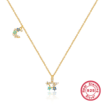 Colorful Cubic Zirconia Moon & Star Pendant Necklace, with 925 Sterling Silver Chains, with S925 Stamp, Real 18K Gold Plated, 15.75 inch(40cm)