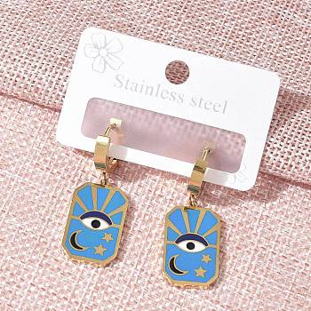 304 Stainless Steel Enamel Hoop Earrings for Women, Rectangle with Eye, Golden, Blue, 37x13mm