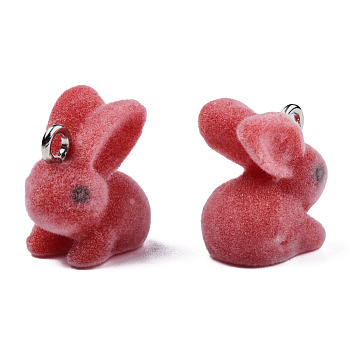 Flocky Resin Pendants, with Platinum Plated Iron Loops, Rabbit, Indian Red, 18x16.5x11mm, Hole: 2.5mm