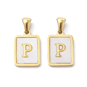 Ion Plating(IP) 304 Stainless Steel Pave Shell Pendants, Rectangle Charm, Real 18K Gold Plated, Letter P, 17.5x12x1.5mm, Hole: 3x5mm