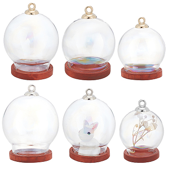 6 Sets 3 Style Glass Dome Cover, Decorative Display Case, Cloche Bell Jar Terrarium with Wood Base, and 10Pcs 2 Color Plastic Bead Cap Pendant Bails, Mixed Color, Jar: 30.5~40x35~44mm, Bail: 7x10mm, Hole: 2mm