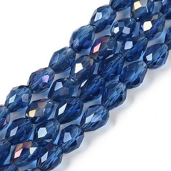 Transparent Electroplate Glass Beads Strands, AB Color Plated, Faceted, Teardrop, Marine Blue, 8x6mm, Hole: 1.2mm, about 65~67pcs/strand, 20.08''(51cm)