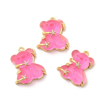 Transparent Resin Crystal Rhinestone Pendants, Bear Charms, with Rack Plating Real 14K Gold Plated Brass Findings, Long-Lasting Plated, Cadmium Free & Lead Free, Hot Pink, 23.5x20.5x8mm, Hole: 1.5mm