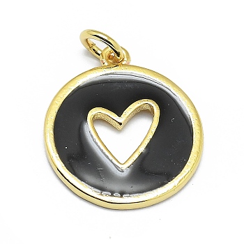 Brass Enamel Pendants, Round with Cut Out Heart, Real 18K Gold Plated, Long-Lasting Plated, Black, 18x15.5x1mm, Hole: 3mm, Jump rings: 5x0.7mm