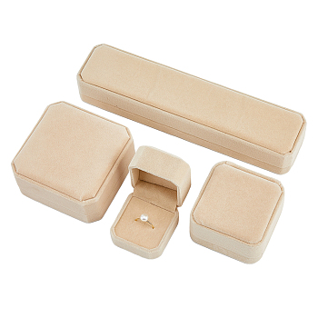 4pcs 4 styles Square & Rectangle Velvet Jewelry Gift Boxes Set, Jewelry Storage Case for Pendants, Necklaces, Rings, Antique White, 70.5~225x52.5~90x39~41mm, 1pc/style