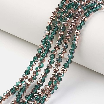 Electroplate Transparent Glass Beads Strands, Half Copper Plated, Faceted, Rondelle, Dark Green, 3x2mm, Hole: 0.8mm, about 150~155pcs/strand, 15~16 inch(38~40cm)