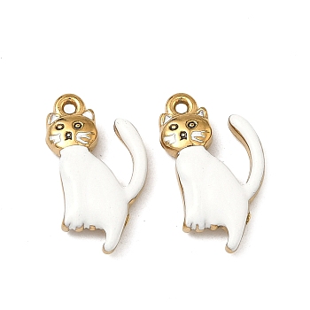 304 Stainless Steel Enamel Pendants, Cat Shape Charms, Ion Plating(IP), Real 18K Gold Plated, White, 20x12x4mm, Hole: 1.3mm