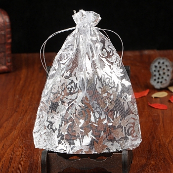 Organza Drawstring Jewelry Pouches, Wedding Party Gift Bags, Rectangle with Gold Stamping Flower Pattern, Silver, 9x7cm