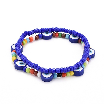 Glass Seed Beads Stretch Bracelets, with Polymer Clay Eye Beads, Blue, Inner Diameter: 2-1/8~2-1/4 inch(5.3~5.8cm), 2pcs/set