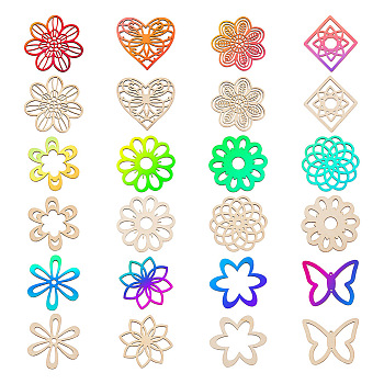 Pandahall 24pcs 12 Styles Unfinished Natural Poplar Wood Filigree Joiners Links, Laser Cut Wood Shapes, Flower/Heart/Butterfly/Rhombus, Antique White, 65~80x71~80x2.5~3.5mm, Hole: 1.6~17mm, 2pcs/style