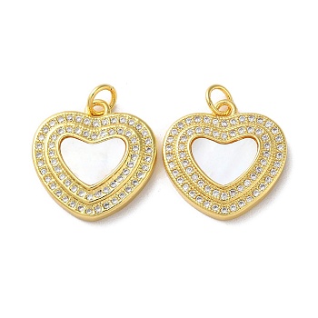 Valentine"s Day Brass Micro Pave Clear Cubic Zirconia Pendants, with Shell, Heart, Real 18K Gold Plated, 18x18x3mm, Hole: 3.5mm