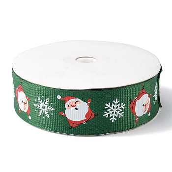 1 Roll Christmas Printed Polyester Grosgrain Ribbons, Santa Claus Snowflake Flat Ribbons, Green, 1 inch(25mm), about 20.00 Yards(18.29m)/Roll