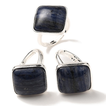 Natural Sodalite Adjustable Rings, with Brass Base Findings, Lead Free & Cadmium Free, Rhombus, Rhombus: 24x25mm, US Size 9 3/4(19.5mm)