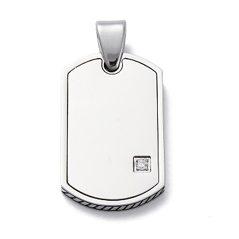 304 Stainless Steel Micro Pave Cubic Zirconia Pendants, Rectangle Charms, Stainless Steel Color, 30x18x3mm, Hole: 6mm