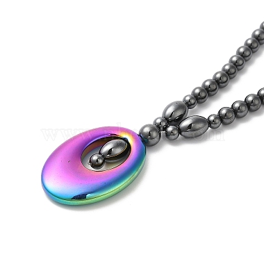 Synthetic Non-magnetic Hematite Oval Pendant Necklace with Round Beaded Chains(NJEW-R259-02)-3