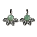 Natural Green Aventurine Pendants, Rack Plating Brass Leaf Charms, Platinum, Cadmium Free & Lead Free, 22x27x7mm, Hole: 8x5mm(G-P517-02P-03)