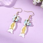 Fish Natural Shell & Natural Larimar Chips Dangle Earrings, with 304 Stainless Steel Hook, Golden, 53.5x11mm(EJEW-JE07166)