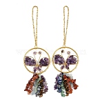 Butterfly Brass & Natural Amethyst Pendant Decorations, Chakra Gemstone Chip Tassel Hanging Ornaments, 235~240mm(HJEW-Z007-04G-06)