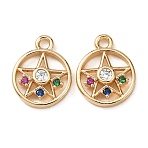 Brass with Cubic Zirconia Pendants, Ring with Star Charms, Colorful, Real 18K Gold Plated, 12x9.5x2.5mm, Hole: 1.4mm(KK-L270-03G)