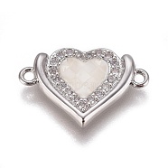 Brass Micro Pave Cubic Zirconia Links, with Shell, Heart, Platinum, 11.5x18x2.8mm, Hole: 1.2mm(BSHE-F012-07A-P)