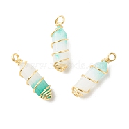 Natural Green White Jade Double Terminal Pointed Pendants, with Golden Tone Copper Wire Wrapped, Bullet, Dyed, 26~26.5x8mm, Hole: 2.5~2.8mm(PALLOY-JF01685-07)