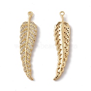 Brass Micro Pave Clear Cubic Zirconia Pendants, Feather Charm, Real 18K Gold Plated, 41.5x9.5x2.5mm, Hole: 1.5mm(KK-E068-VC014)
