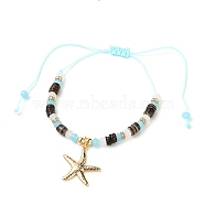 Adjustable Nylon Thread Braided Beads Bracelets, with Brass Starfish Pendants, Shell Beads, Glass Beads and Brass Rhinestone Spacer Beads, Golden, Colorful, Inner Diameter: 1-1/2 inch(3.7cm)(BJEW-JB05579-02)