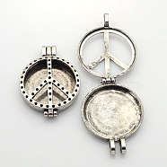 Hollow Peace Sign Flat Round Photo Frames Alloy Diffuser Locket Pendants, Without Glass Cover, Nickel Free, Antique Silver, Tray: 30mm, 44x33x9mm, Hole: 4mm(PALLOY-J413-21AS-NF)