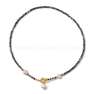Natural Pearl Heart Pendant Necklace, with Glass Seed Beaded, Black, 17.68 inch(44.9cm)(NJEW-MZ00024-02)