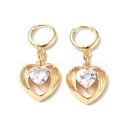 Clear Cubic Zirconia Heart Wing Dangle Hoop Earrings, Rack Plating Brass Jewelry for Women, Golden, 37mm, Pin: 0.9mm(EJEW-B017-11G)