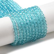 Transparent Glass Beads, Faceted(32 Facets), Round, Cyan, 4mm, Hole: 0.7mm, about 94~96pcs/strand, 14.17~14.37 inch(36~36.5cm)(EGLA-A035-T4mm-D08)
