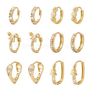 6Pairs 6 Styles Cubic Zirconia Hoop Earrings, Flower & Heart & Star & Ring Brass Earrings for Women, Golden, 14~18x3~5mm, Pin: 0.7~1mm, 1pair/style(EJEW-YS0001-02)