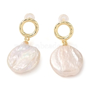 Flat Round Natural Pearl Dangle Earrings, Brass Stud Earrings for Women, Real 14K Gold Plated, 32.5~33x16.5mm(EJEW-L286-09G)