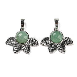 Natural Green Aventurine Pendants, Rack Plating Brass Leaf Charms, Platinum, Cadmium Free & Lead Free, 22x27x7mm, Hole: 8x5mm(G-P517-02P-03)