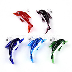 Handmade Silver Foil Lampwork Pendants, Dolphin Charms, Mixed Color, 27~29x44~46x16.5~18.5mm, Hole: 4~5x4~6mm(LAMP-T023-15)