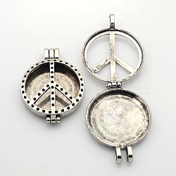 Hollow Peace Sign Flat Round Photo Frames Alloy Diffuser Locket Pendants, Without Glass Cover, Nickel Free, Antique Silver, Tray: 30mm, 44x33x9mm, Hole: 4mm(PALLOY-J413-21AS-NF)