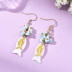 Fish Natural Shell & Natural Larimar Chips Dangle Earrings, with 304 Stainless Steel Hook, Golden, 53.5x11mm(EJEW-JE07166)