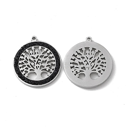 201 Stainless Steel Rhinestone Pendants, Flat Round with Tree of Life Pattern Charms, Jet, 16.5x15x1.5mm, Hole: 0.9mm(STAS-J401-VC777)