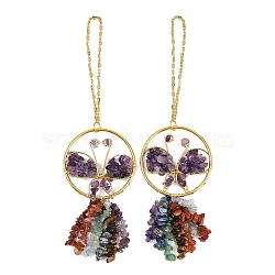 Butterfly Brass & Natural Amethyst Pendant Decorations, Chakra Gemstone Chip Tassel Hanging Ornaments, 235~240mm(HJEW-Z007-04G-06)