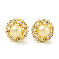 Brass Micro Pave Clear Cubic Zirconia Stud Earrings, with Plastic Beads, Flower, Golden, 15x15mm(EJEW-H014-05G)