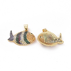 Brass Micro Pave Clear Cubic Zirconia Pendants, Fish, Colorful, 24x16.5x5mm, Hole: 3.5x5mm(ZIRC-F135-03G-04)