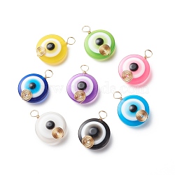 Transparent Evil Eye Resin Pendants, with Copper Wire Wrapped, Mixed Color, Flat Round Charm, Light Gold, 27~27.5x20x9mm, Hole: 4~4.5mm(PALLOY-JF01846-01)