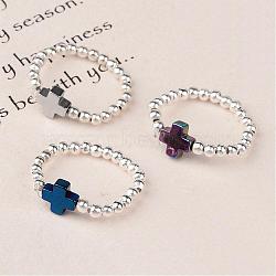 Cross Non-Magnetic Synthetic Hematite Beaded Stretch Rings, Mixed Color, 20mm(RJEW-JR00169)