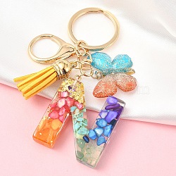 Resin Keychain, with Faux Suede Tassel Pendant & Alloy Clasps & Iron Rings, Letter N, 10cm(KEYC-YW00120-14)