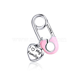 925 Sterling Silver European Dangle Beads, with Enamel, Safety Pins, Heart with Word I Love My Family, Carved 925, Antique Silver, Pink, 19x20mm(HJEW-FF0012-06)