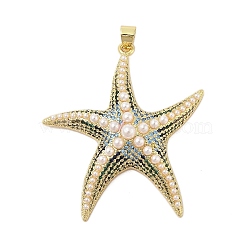 Rack Plating Brass Pave Cubic Zirconia Pendants, with ABS Plastic Pearl, Cadmium Free & Lead Free, Long-Lasting Plated, Real 18K Gold Plated, Starfish, Deep Sky Blue, 48x43x10mm, Hole: 6x4mm(KK-Z074-13G)