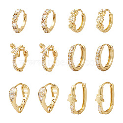 6Pairs 6 Styles Cubic Zirconia Hoop Earrings, Flower & Heart & Star & Ring Brass Earrings for Women, Golden, 14~18x3~5mm, Pin: 0.7~1mm, 1pair/style(EJEW-YS0001-02)