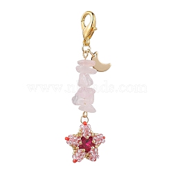 TOHO Seed Pendant Decorations, with Natural Rose Quartz Beads and Pointed Back & Back Plated K9 Glass Rhinestone Cabochons, Zinc Alloy Lobster Claw Clasps, Star, 65~66mm, Pendants: 49~50x18~19x6~7mm(HJEW-MZ00039-01)
